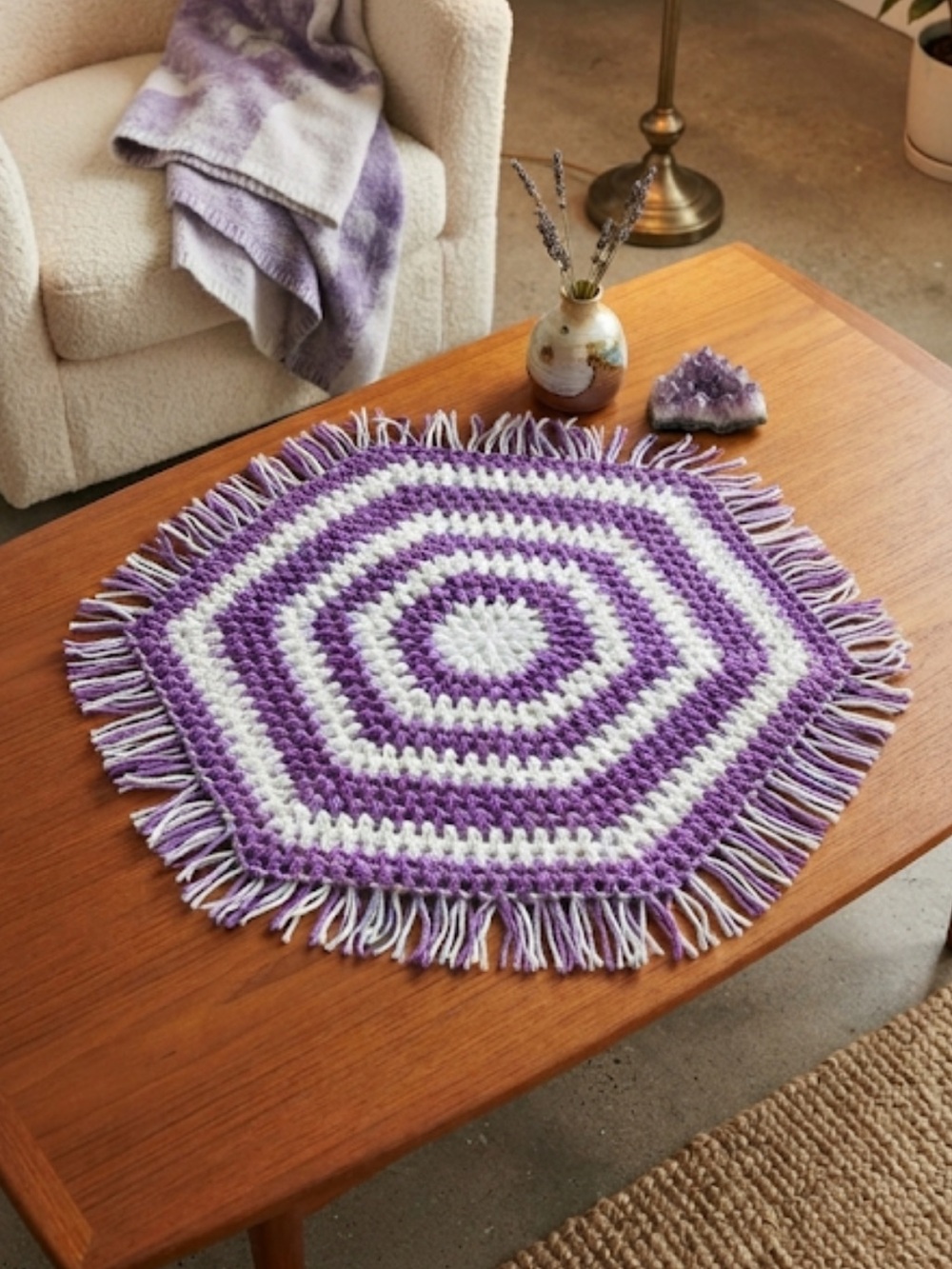 Handmade Hexagon Crochet Rug - Table topper in Purple & White